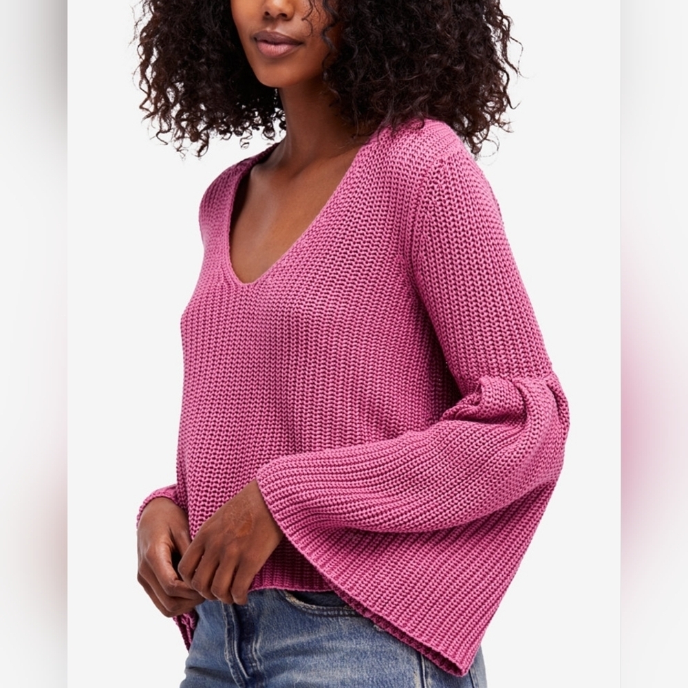 FREE PEOPLE Damsel Cotton Flare Sleeve Sweater Pink Sz Small - Picture 1 of 12